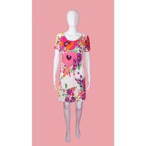 1990s BETSEY JOHNSON Colorful Watercolor FLORAL Short Sleeve Mini Dress. . S-M